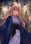  1girl animal_ear_fluff animal_ears fate/extra fate/grand_order fate_(series) fireworks fox_girl heroic_spirit_traveling_outfit highres japanese_clothes kimono obi open_mouth pink_hair sash solo tamamo_(fate)_(all) tamamo_no_mae_(fate) xiaozuo_cang yellow_eyes yukata 
