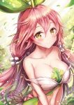  1girl bare_shoulders blush breasts cleavage collarbone commentary_request eyebrows_visible_through_hair eyes_visible_through_hair granblue_fantasy hair_between_eyes hair_ornament highres large_breasts leaf long_hair looking_at_viewer low_twintails navel pink_hair plant_girl sakura_ani smile solo twintails yellow_eyes yggdrasil_(granblue_fantasy) 