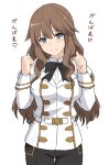  1girl black_panties blue_eyes blush bow bowtie breasts brown_hair eyebrows_visible_through_hair fate/apocrypha fate_(series) fiore_forvedge_yggdmillennia head_tilt heart large_breasts long_hair looking_at_viewer panties shiseki_hirame smile solo thigh_gap translated underwear uniform white_background 
