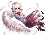  1girl bangs black_footwear bow bowtie closed_mouth feathered_wings feathers full_body hair_between_eyes highres kishin_sagume long_sleeves nob1109 purple_skirt red_bow red_eyes red_neckwear short_hair simple_background skirt solo touhou white_background white_hair white_wings wings 