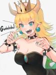  &gt;:d 1girl :d aqua_nails armlet bare_shoulders black_dress blonde_hair blue_eyes bowsette bracelet breasts claws cleavage collar collarbone commentary_request crown dress earrings evil_laughing evil_smile female fingernails gem grey_background hands_up highres horns jewelry large_breasts laughing long_hair super_mario_bros. monster_girl nail_polish neck new_super_mario_bros._u_deluxe nintendo open_mouth pabo pointy_ears sapphire_(stone) sharp_fingernails sharp_teeth shell simple_background smile solo spiked_armlet spiked_bracelet spiked_collar spiked_shell spikes strapless strapless_dress super_crown teeth turtle_shell upper_body v-shaped_eyebrows 