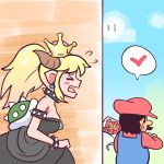  1boy 1girl 1koma absurdres black_dress blonde_hair blue_overalls bowsette bracelet brooch collar comic commentary dress earrings gimme2000 hat heart highres horns jewelry long_ponytail mario super_mario_bros. new_super_mario_bros._u_deluxe nintendo pointy_ears red_hat red_shirt shirt spiked_armlet spiked_bracelet spiked_collar spiked_shell spiked_tail spikes spoken_heart super_crown sweatdrop thick_eyebrows 