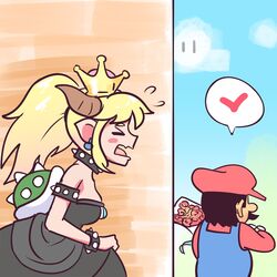  1boy 1girl 1koma absurdres black_dress blonde_hair blue_overalls bowsette bracelet brooch collar comic commentary dress earrings gimme2000 hat heart highres horns jewelry long_ponytail mario super_mario_bros. new_super_mario_bros._u_deluxe nintendo pointy_ears red_hat red_shirt shirt spiked_armlet spiked_bracelet spiked_collar spiked_shell spiked_tail spikes spoken_heart super_crown sweatdrop thick_eyebrows 