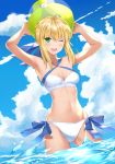  1girl ;d absurdres ahoge armpits arms_up artoria_pendragon_(all) artoria_pendragon_(swimsuit_archer) asato_(fadeless) ball beachball bikini blonde_hair blue_ribbon blue_sky braid breasts cleavage clouds collarbone cowboy_shot crown_braid day eyebrows_visible_through_hair fate/grand_order fate_(series) green_eyes groin hair_between_eyes halterneck highres holding holding_ball looking_at_viewer navel ocean one_eye_closed open_mouth outdoors ribbon shiny shiny_hair shiny_skin side-tie_bikini sidelocks sky small_breasts smile solo standing swimsuit tied_hair wading white_bikini 