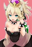  adjusting_hair black_dress blonde_hair blue_eyes blush bowsette bracelet breasts cleavage collar commentary_request covered_navel dress earrings fangs forked_eyebrows horns jewelry looking_at_viewer super_mario_bros. medium_breasts new_super_mario_bros._u_deluxe nintendo open_mouth pink_background ponytail sen_(astronomy) short_hair simple_background sleeveless sleeveless_dress slit_pupils spiked_armlet spiked_bracelet spiked_collar spiked_shell spikes strapless strapless_dress super_crown thick_eyebrows turtle_shell 