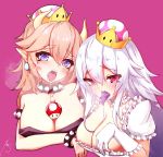  2girls between_breasts black_dress blonde_hair blue_eyes bowsette breasts cleavage crown dress eyebrows_visible_through_hair gloves heart heart-shaped_pupils highres looking_at_viewer super_mario_bros. mayogii multiple_girls new_super_mario_bros._u_deluxe nintendo pointy_ears princess_king_boo saliva simple_background super_mushroom symbol-shaped_pupils tongue tongue_out violet_eyes white_hair 