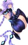 1girl ass bare_back black_gloves braid breasts cait choujigen_game_neptune commentary_request eyebrows_visible_through_hair eyes_visible_through_hair gloves hair_ornament highres hips kneeling large_breasts legs long_hair looking_at_viewer looking_back navel neptune_(series) power_symbol purple_hair purple_heart simple_background solo symbol-shaped_pupils thighs twin_braids very_long_hair white_background wide_hips 