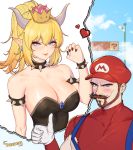  1boy 1girl absurdres artist_name bare_shoulders beard black_nails blonde_hair blue_eyes blush bowsette bracelet breasts choney cleavage collar crown earrings facial_hair gloves hat heart highres horns jewelry large_breasts lips long_hair looking_at_viewer mario super_mario_bros. mustache nail_polish new_super_mario_bros._u_deluxe nintendo pointy_ears ponytail sidelocks signature smile spiked_armlet spiked_bracelet spiked_collar spikes super_crown super_mario_bros. suspenders thumbs_up white_gloves 