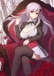  1girl arm_across_waist azur_lane bangs blush breasts brown_legwear butterfly_hair_ornament cleavage cleavage_cutout closed_mouth dress dunkerque_(azur_lane) eyebrows_visible_through_hair floating_hair grey_hair hair_ornament hair_ribbon hand_up highres juliet_sleeves large_breasts legs_crossed long_hair long_sleeves looking_at_viewer petals pink_eyes puffy_sleeves ribbon sidelocks sitting smile solo thigh-highs thighs tress_ribbon youxuemingdie 