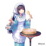  1girl apron aqua_kimono bangs black_hair blue_eyes blunt_bangs blush bucket company_name fan floral_print food_request hair_ornament hat hat_ornament highres japanese_clothes kimono long_hair looking_at_viewer official_art otosume_ruiko sangoku_infinity smile solo spoon standing table very_long_hair white_hat wide_sleeves wooden_bucket wooden_spoon x_hair_ornament 