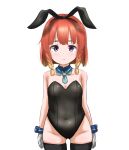  1girl alternate_costume animal_ears aqua_neckwear blonde_hair blush bunny_girl bunnysuit closed_mouth etorofu_(kantai_collection) eyebrows_visible_through_hair fake_animal_ears gloves gluteal_fold highres kantai_collection looking_at_viewer multicolored_hair necktie rabbit_ears redhead simple_background solo tama_(seiga46239239) twintails violet_eyes white_background white_gloves 