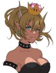  1girl artist_request blonde_hair blue_eyes bowsette breasts cleavage collar collarbone crown highres horns large_breasts super_mario_bros. new_super_mario_bros._u_deluxe nintendo spiked_armlet spiked_collar spikes super_crown 