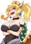  1girl bare_shoulders blonde_hair blue_eyes bowsette bracelet breasts breathing_fire cleavage collar crossed_arms crown dress earrings fire horns jewelry large_breasts long_hair looking_at_viewer super_mario_bros. nintendo pointy_ears ponytail sharp_teeth solo spiked_bracelet spiked_collar spikes super_crown teeth wagashi_(yokotejn) 
