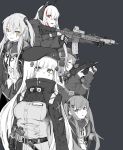  5girls alma01 assault_rifle belt_pouch breasts girls_frontline gloves gun headphones highres hk416_(girls_frontline) holstered_weapon jacket long_hair m4_sopmod_ii_(girls_frontline) magazine_(weapon) monochrome mp7_(girls_frontline) multiple_girls open_mouth pouch red_eyes rifle scar scar_across_eye simple_background submachine_gun tactical_clothes trigger_discipline ump45_(girls_frontline) ump9_(girls_frontline) weapon 