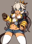  1girl average-hanzo belt blazblue breasts bullet_(blazblue) cleavage crown dark_skin denim denim_shorts fingerless_gloves gloves jacket jewelry large_breasts long_hair super_mario_bros. navel new_super_mario_bros._u_deluxe nintendo scar short_shorts shorts silver_hair solo super_crown white_hair yellow_eyes 