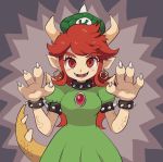 1girl claws collar crown dress earrings fangs green_dress hoop_earrings horns jewelry koopa_peach mebuita nintendo possessed princess_peach prototype puffy_short_sleeves puffy_sleeves red_eyes redhead scales short_sleeves solo spiked_collar spiked_tail spikes super_mario_bros. super_mario_odyssey tail