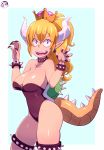  1girl armlet arttmadness blonde_hair blue_background blue_eyes bowsette bracelet breasts cleavage collar crown highres horns jewelry long_hair super_mario_bros. new_super_mario_bros._u_deluxe nintendo open_mouth pointy_ears ponytail sharp_teeth short_hair simple_background smile solo spiked_armlet spiked_bracelet spiked_collar spiked_legband spikes super_crown tail teeth 