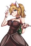  1girl absurdres bare_shoulders blonde_hair blue_eyes bowsette bracelet breasts cleavage collar crown dress earrings fang highres horns jewelry large_breasts long_hair looking_at_viewer super_mario_bros. new_super_mario_bros._u_deluxe nintendo pointy_ears ponytail solo spiked_bracelet spiked_collar spiked_shell spikes super_crown turtle_shell 