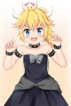  1girl :d armlet bangs bare_shoulders black_dress blonde_hair blue_eyes blush bowsette bracelet collar collarbone commentary_request crown dress eyebrows_visible_through_hair fangs hair_between_eyes hands_up highres horns jewelry koyuki_(azumaya999) long_hair super_mario_bros. mini_crown new_super_mario_bros._u_deluxe nintendo open_mouth smile solo spiked_armlet spiked_bracelet spiked_collar spikes strapless strapless_dress super_crown turtle_shell younger 