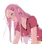  1girl all_fours anemone_(eureka_seven) bangs blush breasts casual cleavage contemporary eureka_seven eureka_seven_(series) forehead hair_ornament hairclip highres kanasebench long_hair medium_breasts parted_bangs pink_hair shirt short_shorts shorts sidelocks simple_background solo t-shirt violet_eyes white_background 