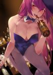  1girl animal_ears bangs bar bare_shoulders blush bottle bow bowtie breasts cleavage collarbone detached_collar fate/grand_order fate_(series) hair_between_eyes large_breasts leotard long_hair looking_at_viewer ohland pantyhose purple_hair purple_leotard rabbit_ears red_eyes scathach_(fate)_(all) scathach_(fate/grand_order) smile solo thighs wine_bottle wrist_cuffs 