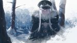  1girl bangs bare_tree belt_buckle black_belt black_cloak black_coat black_hat buckle closed_mouth coat commentary fur-trimmed_cloak fur_trim girls_frontline gz_(gzdteee) hair_between_eyes hat highres iron_cross kar98k_(girls_frontline) long_hair looking_at_viewer military_hat outdoors peaked_cap red_eyes sfw snow snowing solo tree very_long_hair white_hair winter winter_clothes 