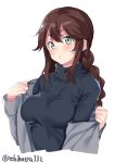  1girl alternate_costume aqua_eyes blush breasts brown_hair closed_mouth ebifurya grey_jacket hair_between_eyes highres jacket kantai_collection large_breasts long_hair long_sleeves looking_at_viewer noshiro_(kantai_collection) open_clothes ponytail remodel_(kantai_collection) simple_background solo sweater twitter_username white_background 