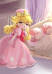  1girl 2boys absurdres bed blonde_hair bow braid canopy_bed dress earrings elbow_gloves eyebrows_visible_through_hair finger_to_mouth gloves grey_eyes highres jewelry looking_at_viewer looking_back super_mario_bros. multiple_boys new_super_mario_bros._u_deluxe nintendo peachette pink_dress puffy_short_sleeves puffy_sleeves short_sleeves shushing solo super_crown toad toadette twin_braids 