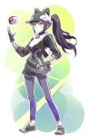  1girl baseball_cap black_hair blake_belladonna creatures_(company) female_protagonist_(pokemon_go) fingerless_gloves game_freak gloves hat highres iesupa leggings long_hair nintendo poke_ball pokemon pokemon_go ponytail rwby shoes sneakers solo yellow_eyes 