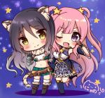  2girls ;d animal_ears bangs bare_shoulders belt_buckle black_footwear black_gloves blue_dress blush boots breasts brown_belt brown_eyes brown_hair buckle character_request chibi closed_mouth commentary_request dress eyebrows_visible_through_hair fingerless_gloves fur-trimmed_boots fur_collar fur_trim gloves green_skirt hair_between_eyes hair_ornament hair_rings head_tilt highres kashiwazaki_hatsune knee_boots long_hair medium_breasts midriff multiple_girls navel nyano21 one_eye_closed open_mouth pink_hair pleated_skirt princess_connect! princess_connect!_re:dive signature skirt sleeveless sleeveless_dress smile standing standing_on_one_leg star star_hair_ornament striped_tail tail thigh-highs thighhighs_under_boots v very_long_hair violet_eyes white_legwear 