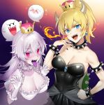  2girls bare_shoulders black_dress black_nails blonde_hair blue_eyes blush bowsette bracelet breasts cleavage closed_eyes collar collarbone covered_navel covering_face crown dress earrings fire frilled_dress frills gloves hand_on_hip horns jewelry large_breasts long_hair looking_at_viewer luigi&#039;s_mansion super_mario_bros. mini_crown multiple_girls nail_polish new_super_mario_bros._u_deluxe nintendo open_mouth pointy_ears ponytail princess_king_boo puffy_short_sleeves puffy_sleeves red_eyes sharp_teeth short_sleeves sleeveless sleeveless_dress smile spiked_armlet spiked_bracelet spiked_collar spiked_shell spikes strapless strapless_dress super_crown sweatdrop teeth text_focus tokki tongue tongue_out upper_body white_dress white_gloves white_hair 