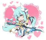  1girl :d aqua_hair bangs bikini black_footwear blush breasts chibi cleavage commentary_request dragon_horns eyebrows_visible_through_hair fate/grand_order fate_(series) hair_between_eyes head_tilt heart holding_naginata horns japanese_clothes kimono kiyohime_(fate/grand_order) long_hair long_sleeves low_twintails medium_breasts milkpanda naginata off_shoulder open_mouth polearm smile solo swimsuit thigh-highs twintails very_long_hair weapon white_background white_kimono white_legwear yellow_bikini yellow_eyes zouri 