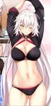  1girl ahoge arms_behind_back bangs bikini black_bikini black_choker black_gloves black_jacket blush breasts choker cleavage comic commentary_request cowboy_shot cropped_jacket eyebrows_visible_through_hair fate/grand_order fate_(series) gloves gluteal_fold hair_between_eyes jacket jeanne_d&#039;arc_(alter_swimsuit_berserker) jeanne_d&#039;arc_(fate)_(all) large_breasts long_hair looking_at_viewer multicolored multicolored_background navel o-ring o-ring_bikini o-ring_bottom o-ring_top shrug_(clothing) silver_hair smile swimsuit untsue waist yellow_eyes 