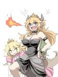  +++ 2girls black_dress blonde_hair blue_eyes blush bowsette collar crown dress earrings gloves hand_on_hip holding_person horns jewelry super_mario_bros. multiple_girls nejikyuu new_super_mario_bros._u_deluxe nintendo open_mouth pink_dress pointy_ears princess_peach puffy_short_sleeves puffy_sleeves scales sharp_teeth short_sleeves spiked_collar spiked_shell spiked_tail spikes strapless strapless_dress super_crown tail teeth turtle_shell white_background white_gloves 