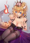 1girl bangs bare_shoulders black_leotard black_nails blonde_hair blue_eyes blush bowsette bracelet breasts brooch cinders claw_pose cleavage collar collarbone earrings eyebrows_visible_through_hair fingernails fire grin hair_between_eyes highleg highleg_leotard highres horns jewelry large_breasts leotard looking_at_viewer nail_polish new_super_mario_bros._u_deluxe nintendo pantyhose pointy_ears ponytail sharp_fingernails sharp_teeth shiny shiny_clothes shiny_hair sidelocks sitting smile solo spiked_armlet spiked_bracelet spiked_collar spiked_shell spiked_tail spikes super_crown super_mario_bros. tail tail_raised teeth thighband_pantyhose tsurime waist_cape whitecrow4444
