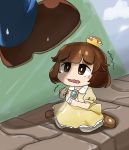  1boy 1girl absurdres artist_request brooch brown_eyes brown_hair child commentary_request crown dress fang goomba highres jewelry kneeling mario super_mario_bros. new_super_mario_bros._u_deluxe nintendo open_mouth scared super_crown super_mario_bros. sweatdrop tearing_up tears trembling yellow_dress 