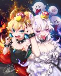  2girls absurdres armlet bare_shoulders black_nails blonde_hair blue_earrings blue_eyes blue_fire blush boo bowsette bracelet breasts brooch chains cleavage collar collarbone crown dress earrings fingernails fire frilled_dress frills ghost gloves hair_between_eyes highres hoop_skirt horns jewelry large_breasts layered_skirt long_hair long_tongue looking_at_viewer super_mario_bros. mini_crown multicolored multicolored_nails multiple_girls nail_polish new_super_mario_bros._u_deluxe nintendo open_mouth paw_pose ponytail princess_king_boo purple_tongue red_fire red_nails sharp_fingernails sharp_teeth short_sleeves shy signature sleeveless spiked_armlet spiked_bracelet spiked_collar spikes strapless strapless_dress super_crown teeth tongue tongue_out twitter_username violet_eyes yamigirikuroko 