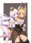  2girls :d armlet bangs bare_shoulders black_legwear blonde_hair blue_eyes bowsette bracelet collar commentary_request crown elbow_gloves eyebrows_visible_through_hair frilled_gloves frilled_leotard frills gloves grey_background grin hair_between_eyes highres horns hug hug_from_behind jewelry leotard long_hair luigi&#039;s_mansion super_mario_bros. mini_crown multiple_girls natori_youkai new_super_mario_bros._u_deluxe nintendo open_mouth pale_skin princess_king_boo red_eyes sharp_teeth silver_hair skindentation smile spiked_armlet spiked_bracelet spiked_collar spikes strapless strapless_leotard super_crown teeth thigh-highs tilted_headwear tongue tongue_out twitter_username two-tone_background very_long_hair white_background white_gloves white_leotard 