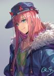  1girl bangs baseball_cap blue_hat blue_jacket closed_mouth collarbone commentary_request darling_in_the_franxx drawstring eyebrows_visible_through_hair fur-trimmed_hood fur_trim green_eyes green_shirt grey_background hat head_tilt hood hood_down hooded_jacket horns_through_headwear jacket long_hair open_clothes open_jacket pink_hair qiongsheng shirt sideways_hat signature simple_background solo tongue tongue_out very_long_hair zero_two_(darling_in_the_franxx) 