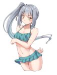  1girl bangs bare_shoulders bikini bikini_skirt black_ribbon blush breasts brown_eyes cleavage collarbone commentary_request cropped_legs eyebrows_visible_through_hair green_bikini grey_hair hair_ribbon halter_top halterneck highres kantai_collection kasumi_(kantai_collection) long_hair looking_at_viewer mikagami_sou navel ribbon side_ponytail small_breasts solo swimsuit white_background 