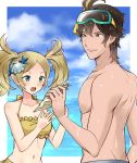 1boy 1girl :d a_meno0 bangs bikini blonde_hair blue_eyes blue_sky breasts brown_eyes brown_hair cleavage day fire_emblem fire_emblem:_kakusei frederik_(fire_emblem) frilled_bikini frills hair_ornament holding liz_(fire_emblem) long_hair navel nintendo open_mouth outdoors parted_bangs shell_hair_ornament sketch sky small_breasts smile star star_hair_ornament swimsuit twintails wet yellow_bikini