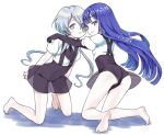  2others amimi androgynous barefoot blue_eyes blue_hair crystal_hair elbow_gloves eyebrows_visible_through_hair full_body gem_uniform_(houseki_no_kuni) ghost_quartz_(houseki_no_kuni) gloves grey_eyes hair_over_one_eye hands_on_another&#039;s_shoulders hime_cut houseki_no_kuni kneeling lapis_lazuli_(houseki_no_kuni) long_hair looking_at_viewer multiple_others necktie see-through short_hair_with_long_locks silver_hair smile suspenders white_background 