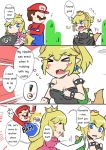  &gt;_&lt; 1boy 2girls bare_shoulders black_dress blonde_hair blue_eyes bowsette bracelet chain_chomp collar comic crown dress english facial_hair hat horns jewelry mario super_mario_bros. multiple_girls mustache new_super_mario_bros._u_deluxe nintendo ponytail princess_peach sesield sharp_teeth spiked_bracelet spiked_collar spikes super_crown teeth 