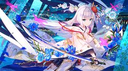  1girl aircraft airplane architecture azur_lane blue_eyes east_asian_architecture eyebrows_visible_through_hair flower fuji_choko gloves hair_flower hair_ornament japanese_clothes katana kimono long_hair looking_at_viewer mole pleated_skirt shoukaku_(azur_lane) skirt solo sword thigh-highs very_long_hair weapon white_hair 