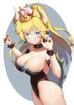 1girl bare_legs bare_shoulders black_leotard black_nails blonde_hair blue_eyes blush bowsette bracelet breasts cleavage clenched_teeth collar collarbone covered_navel crown earrings eyebrows_visible_through_hair female gem hair_between_eyes hair_flaps hands_up highres horns jewelry large_breasts legs leotard lips long_hair looking_at_viewer super_mario_bros. monster_girl nail_polish new_super_mario_bros._u_deluxe nintendo pointy_ears ponytail rokuroku_(xd_p) sapphire_(stone) sharp_teeth shell shiny shiny_hair smile solo spiked_armlet spiked_bracelet spiked_collar spiked_shell spikes standing strapless strapless_leotard super_crown teeth turtle_shell white_horns 