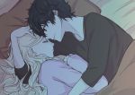  1boy 1girl amamiya_ren atlus bed_sheet black_eyes black_hair blonde_hair brown_shirt closed_eyes collarbone couple cute from_above hug indoors long_hair love lying megami_tensei on_side parted_lips persona persona_5 pillow pink_sweater shirt sketch sleeping smile sweater takamaki_anne under_covers upper_body yolkyao 