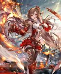  1girl :d artist_request breasts brown_hair cygames dragon_claw fire frills galmieux_omen_of_disdain long_hair navel navel_cutout official_art open_mouth planted_sword planted_weapon red_eyes scales shadowverse skirt small_breasts smile sword weapon 