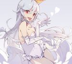  1girl bare_legs breasts cleavage crown dress elbow_gloves gloves long_hair looking_at_viewer nian princess_king_boo red_eyes solo tongue tongue_out very_long_hair white_dress white_hair 