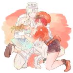  1boy 2girls :d ae-3803 baseball_cap blue_shirt blush cabbie_hat closed_eyes clothes_writing gloves grey_hat group_hug hair_over_one_eye hat hataraku_saibou highres hug jacket kneeling legs_up lifting_person long_hair multiple_girls one_knee open_mouth platelet_(hataraku_saibou) red_blood_cell_(hataraku_saibou) red_hat red_jacket redhead shirt short_hair shorts smile u-1146 uniform white_blood_cell_(hataraku_saibou) white_hair white_hat white_skin yumiko_(34164048) 