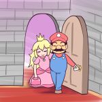  1boy 1girl 1koma :3 absurdres blonde_hair blue_overalls brooch comic commentary crown door dress facial_hair gimme2000 hat highres jewelry long_hair mario super_mario_bros. mustache nintendo opening_door pink_dress princess_peach red_hat red_shirt shirt super_mario_bros. 